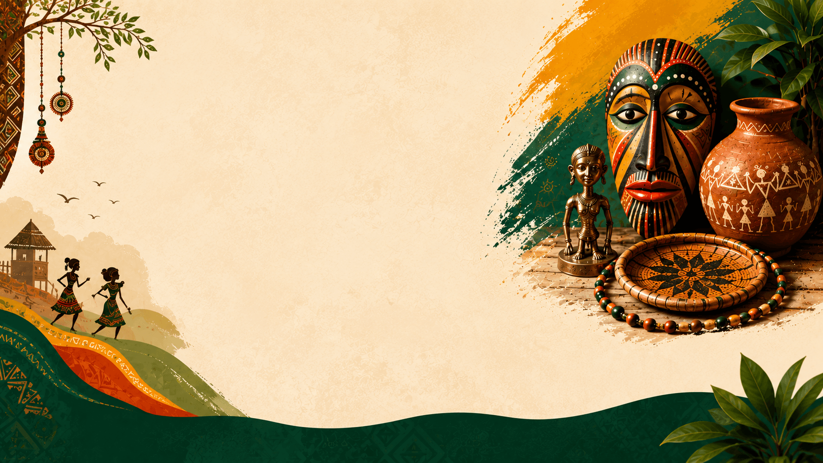 Adivasi tribal art banner with traditional handicrafts, masks, and folk landscape illustrations